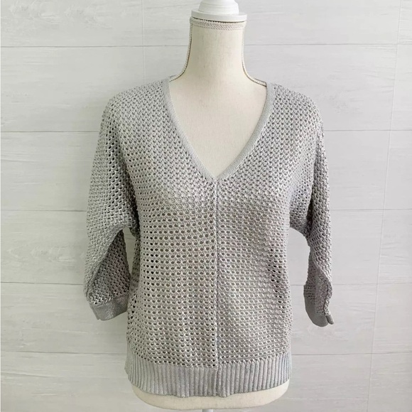 Chico's Gray V-Neck Sweater with Textured Knit - Picture 1 of 6